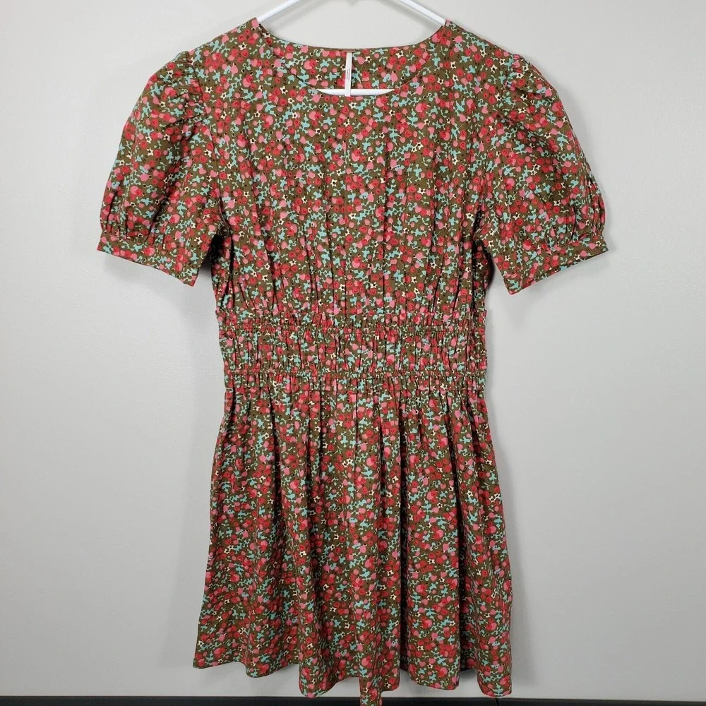 FREE PEOPLE Green Red Floral Pennie Puffed Sleeve Mini Dress Size Small S Womens